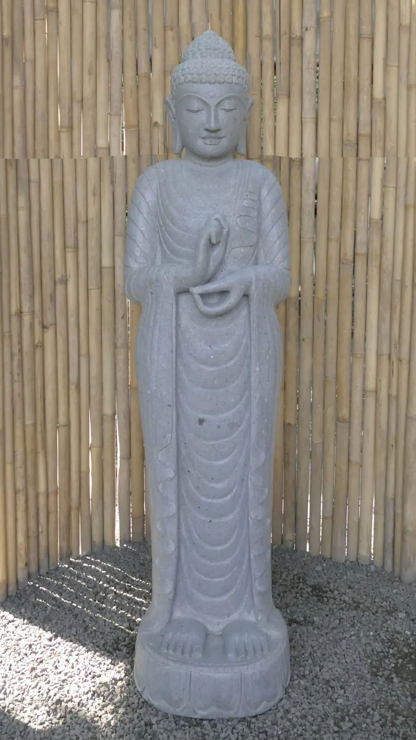  Product image 1 of the product “Standing Buddha made of Riverstone in Dharmachakra position - gesture of wheel of the teaching of Dharma. About 180cm height. ”